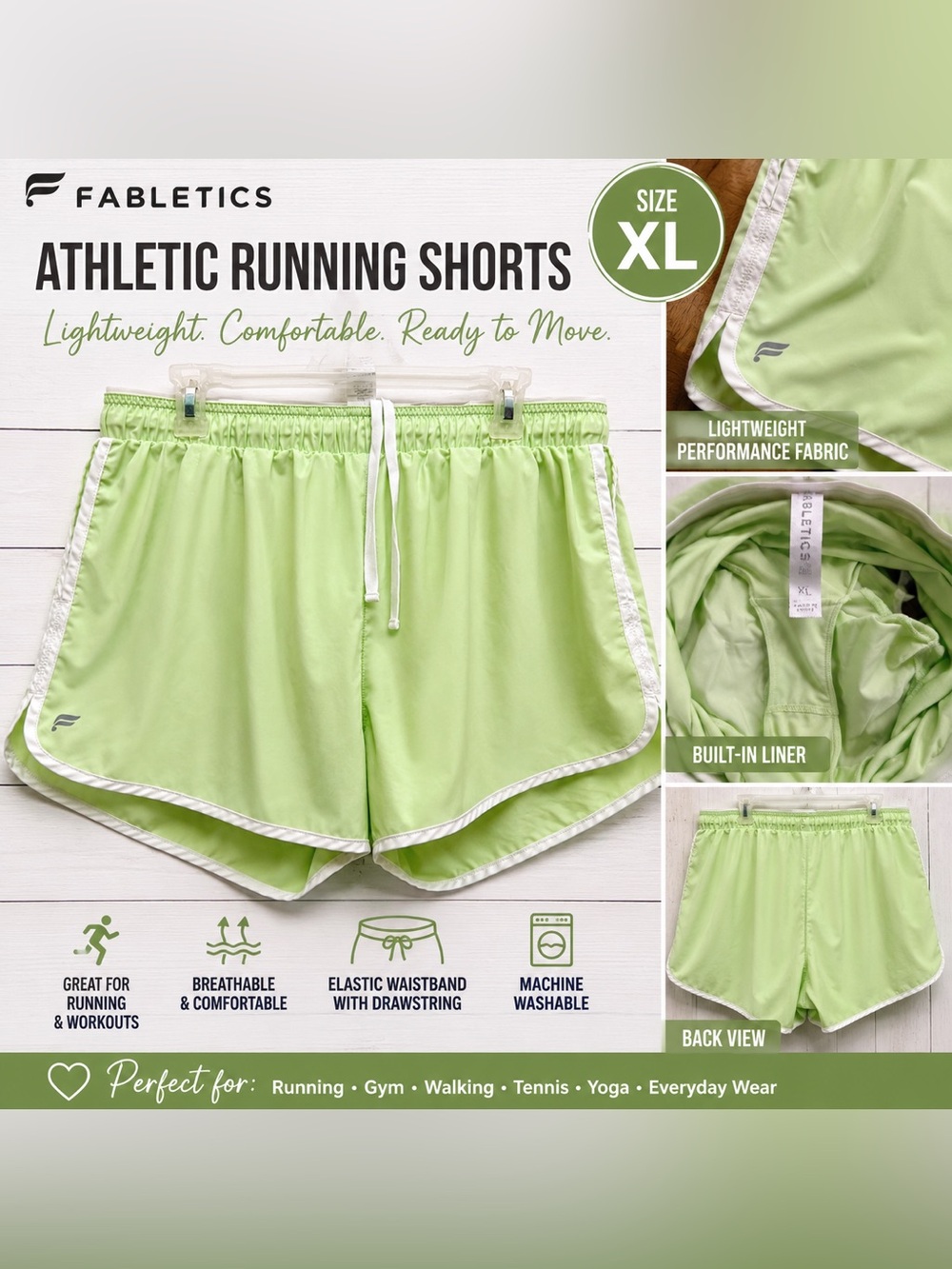 Fabletics Lime Green Athletic Running Shorts with White Trim